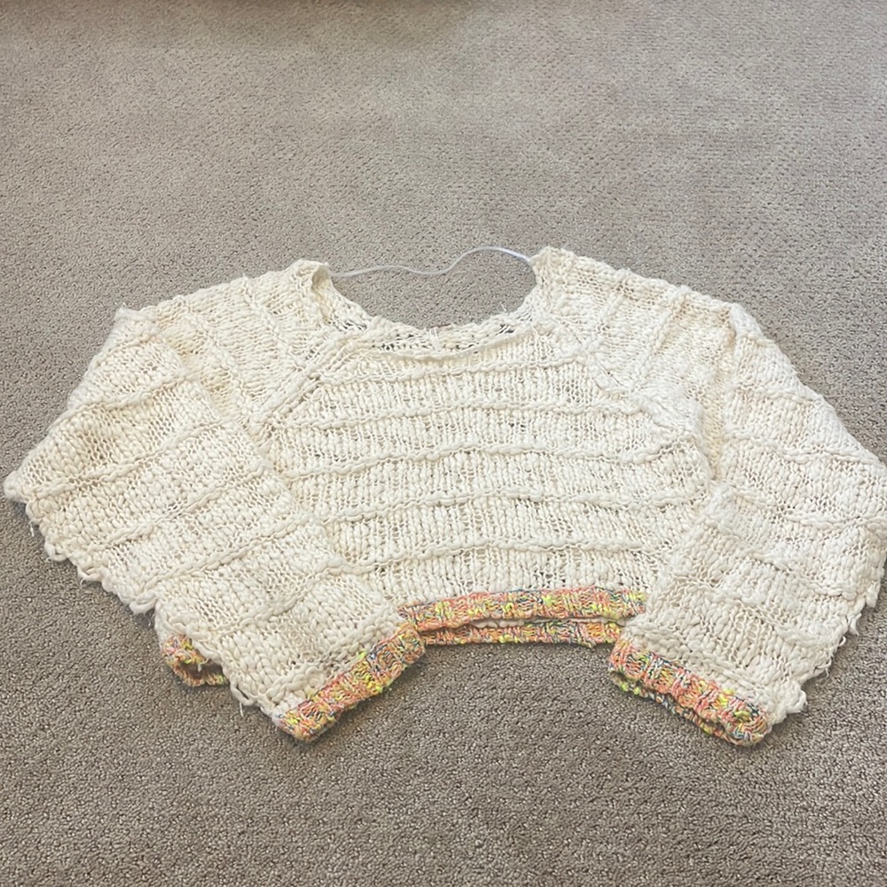Free People chunky knit cropped sweater, scoop neck and neon detail